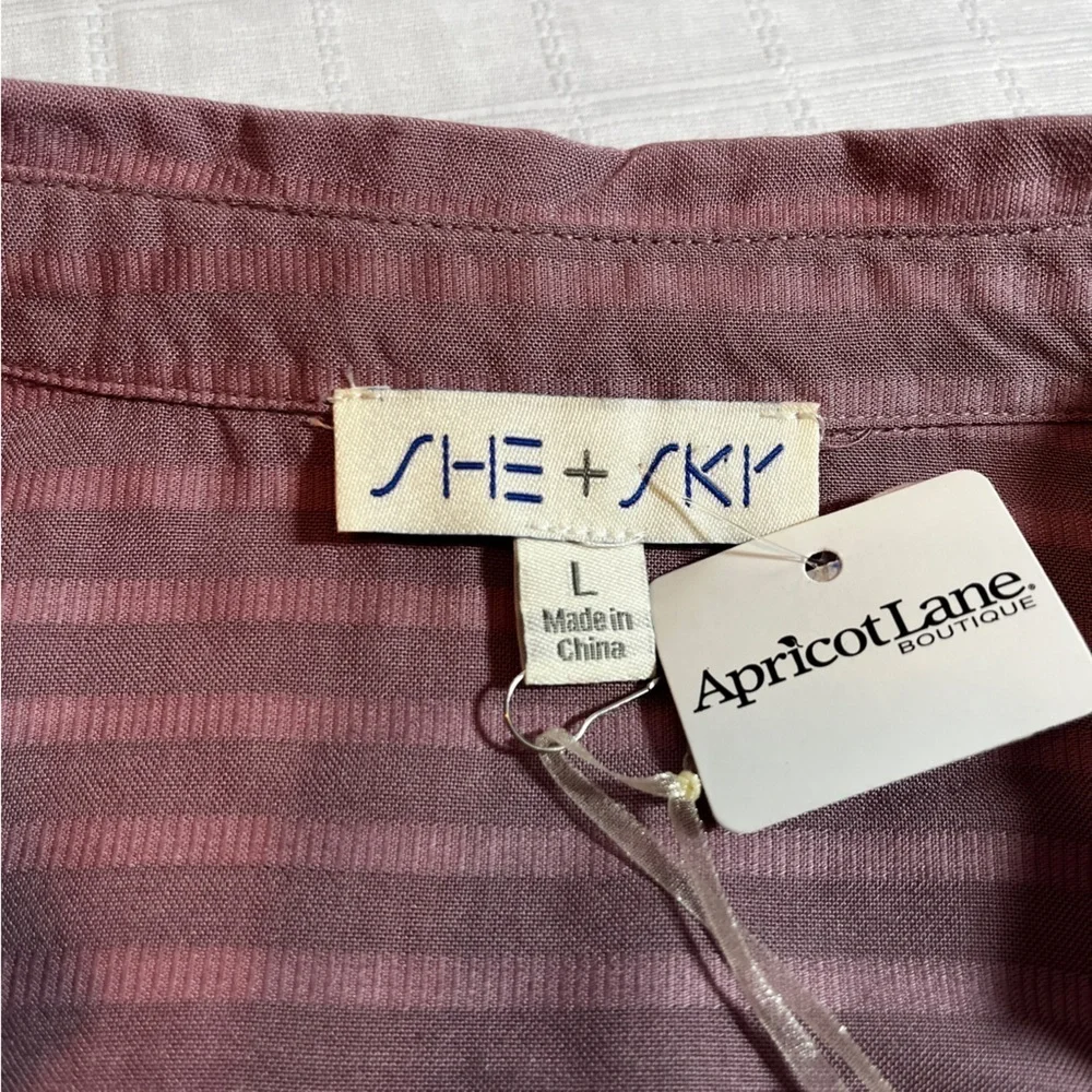 She + Sky Lagenlook Slouchy Oversized Mauve Striped Shirt Johnny Collar NWT L - Picture 5 of 7